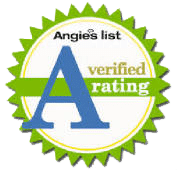 Angie's List logo with 'A' rating; white circle outlined in green spikes with green stripe in center cutting through large blue 'A'