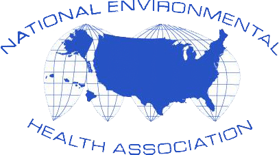 National Environmental Health Association depicting blue map of USA transposed over flatten white globe with blue grid marks