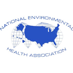 National Environmental Health Association logo: blue lettering above and below sketch of flattened globe with US overlayed in solid blue; Association is a septic system maintenance resource