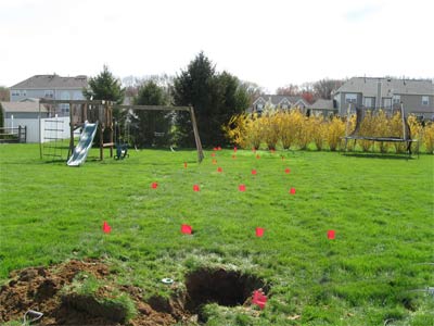 Photo of drainage field on residential property marked in  preparation for septic inspection.