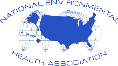 National Environmental Health Association depicting blue map of USA transposed over flatten white globe with blue grid marks